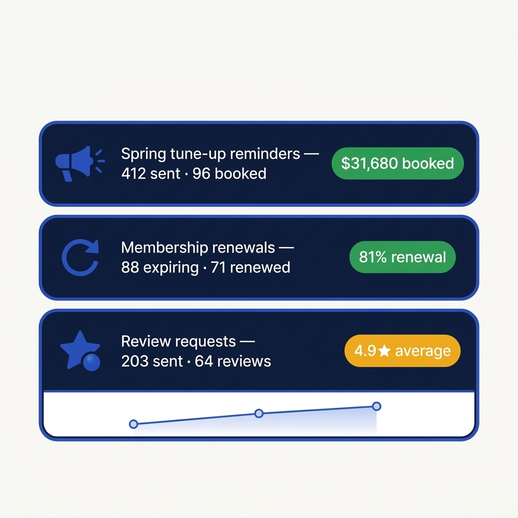 Campaign performance over the last 30 days: spring tune-up reminders booked $31,680 from 412 sends, membership renewals hit 81%, and review requests produced 64 reviews averaging 4.9 stars